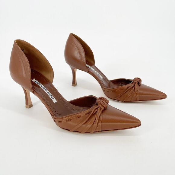 Manolo Blahnik Lazine Brown Leather Knotted Pointed Toe D'Orsay Heel IT 37.5 - Picture 1 of 11